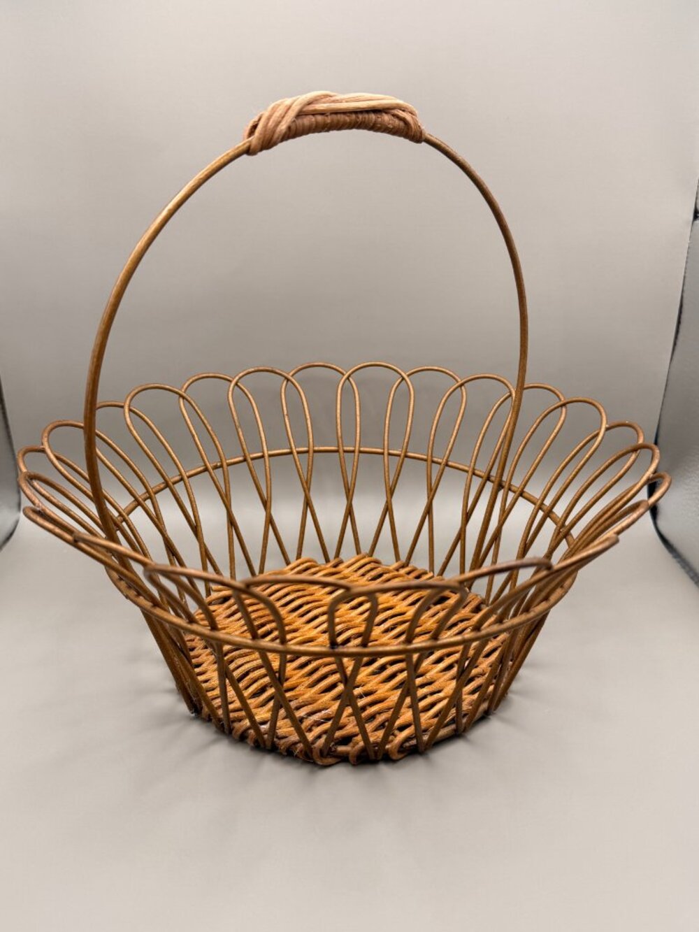 Vintage Gold Wire Basket Woven Rattan Base Handle